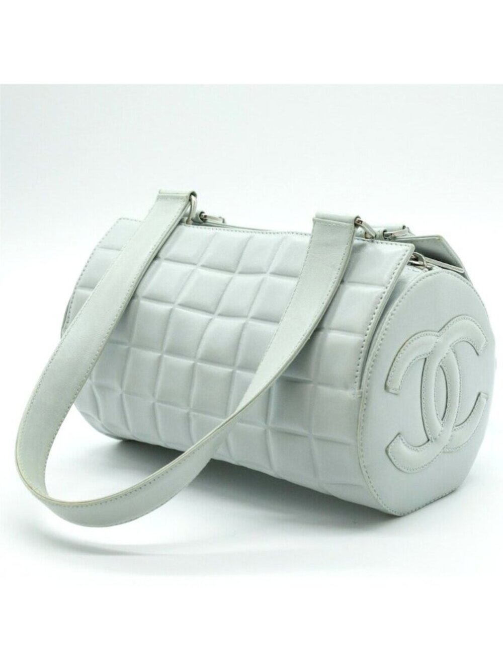 Chanel CC Chocolate Bar Quilted Leather Bowler Shoulder Bag Purse Blue
